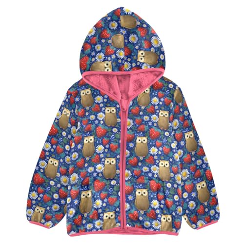 Strawberry Owl Toddler Fleece Jacket Baby Girls Hooded Zipper Long Sleeve Thick Warm Outerwear 3-10 Years
