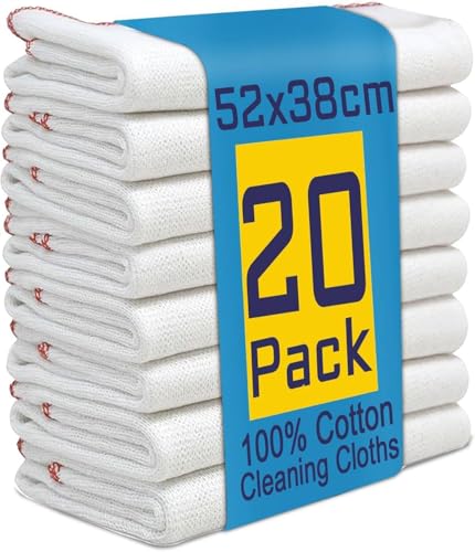 Reusable Jumbo Cleaning Cloths, Dish Cloths for Washing Up 20 Pack, Kitchen Cleaning Cloth, Tea Towels for Kitchen, Extra Large Dish Cloths for Washing Up, Highly Absorbent White (52X38Cm)