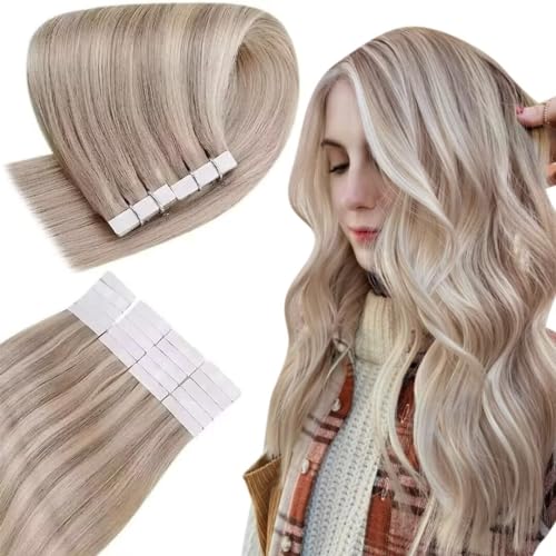 Easyouth Blonde Tape in Hair Extensions - Ash Blonde Highlight, Human Hair, 12 Inch, 30g, 20pcs, 2-Tape #18P613, 12"
