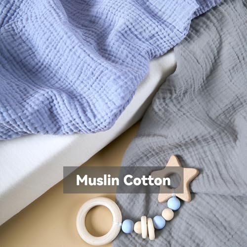 Image of TILLYOU Muslin Mini Crib Sheets 2 Pack, Pack and Play Mattress Sheets Fitted for Pack N Play, 38 x 26 Sheet for Toddler, Grey and Blue