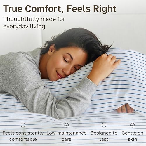 Image of California Design Den Printed Striped Bed Sheets Full Size Set - 600 Thread Count, 100% Cotton Sateen, Premium Deep Pocket Full Sheet Set - Classic Blue Stripe Print