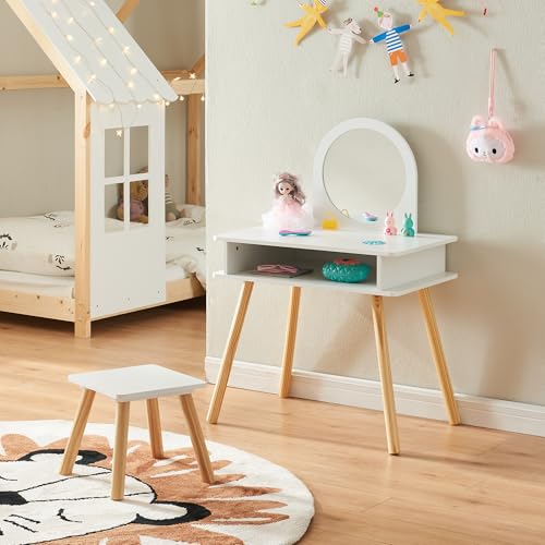 [en.casa] Tocador de Maquillaje Infantil Ovanåker con Taburete Conjunto de Mesa con Espejo y Silla Habitación Infantil Dormitorio Madera de Pino 92 x 62 x 44 cm - Natural/Blanco