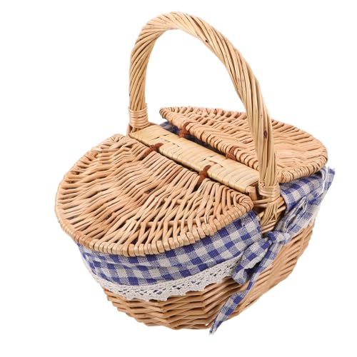 TOYANDONA Cesta de Picnic de Mimbre con Tapa y Asa Cesta de Almacenamiento para Pan Frutas y Dulces Mano para Picnic y Fiestas Color Natural y Azul