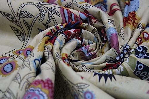 Image of Indian Hand-Block Printed Jaipuri Mukut Floral Print Ethnic Sanganer Kurti Print Cotton Fabric (15 Yards, Beige Mukut)