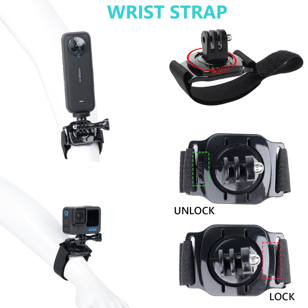 10 en 1 Kit caméra d'action,pour Insta360 X5/X4 Air/X4/X3/Ace Pro, Harnais Telephone, Fixation Bandeau, Fixation Poignet,Clip de Sac à Dos, Support Flottant, Compatible avec GoPro Hero,SJCAM
