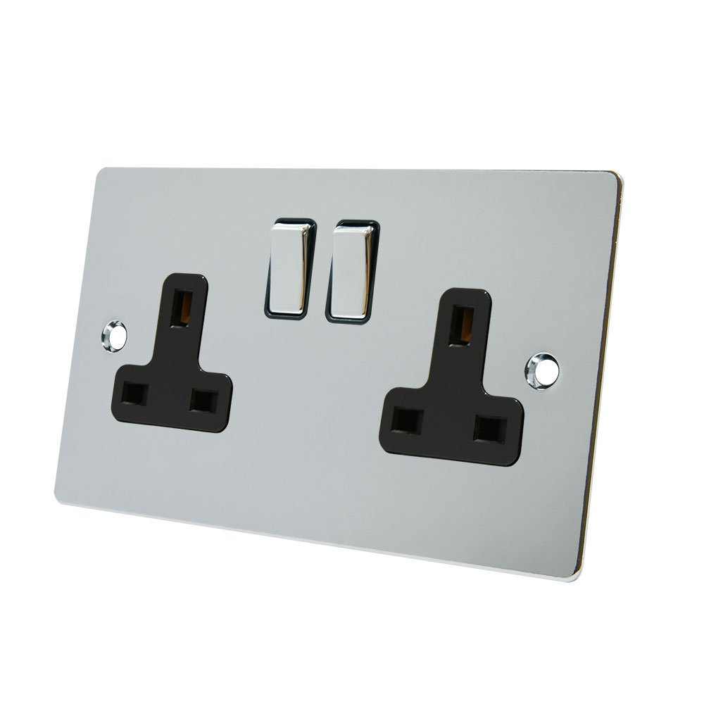 Alliance Electrical FPC2GSOCBC 13 A 2 Gang Black Insert Flat Socket Metal Rocker Switch - Polished Chrome