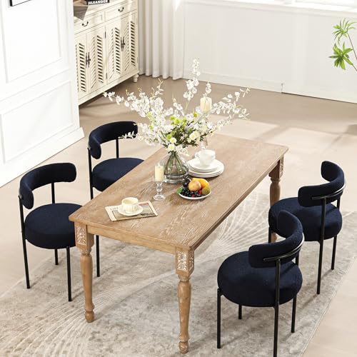 Dining Chairs Set of 4, Navy Blue Boucle Dining Chair with Curved Backrest, Round Thicken Upholstered Dining Chairs for Kitchen & Dining Room, Mid Century Modern Kitchen Chairs Sturdy and Comfy