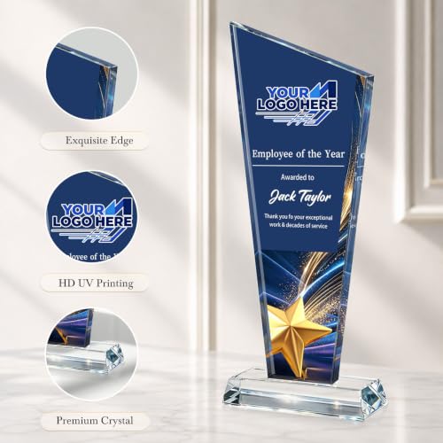 Image of Custom Crystal Trophy Award Personalized Plaque Award with Text Logo Photo Awards Trophies for Employee Recognition Team Graduation Personalized Office Gifts for Boss Coworker Teacher