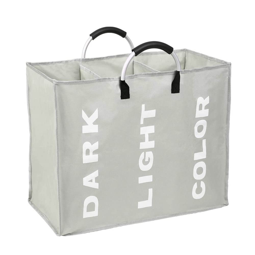 Phekonra Laundry Hamper 3 Sections Collapsible Laundry Basket 90L Large Capacity Laundry Sorter Waterproof Laundry Organizer Dirty Clothes Hamper Bathroom Bedroom Home Oxford Fabric Light Grey