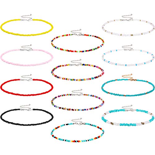 Hicarer 12 Pieces Boho Seed Bead Choker Necklace Colorful Bead Necklaces Rainbow Beach Choker Necklaces for Women