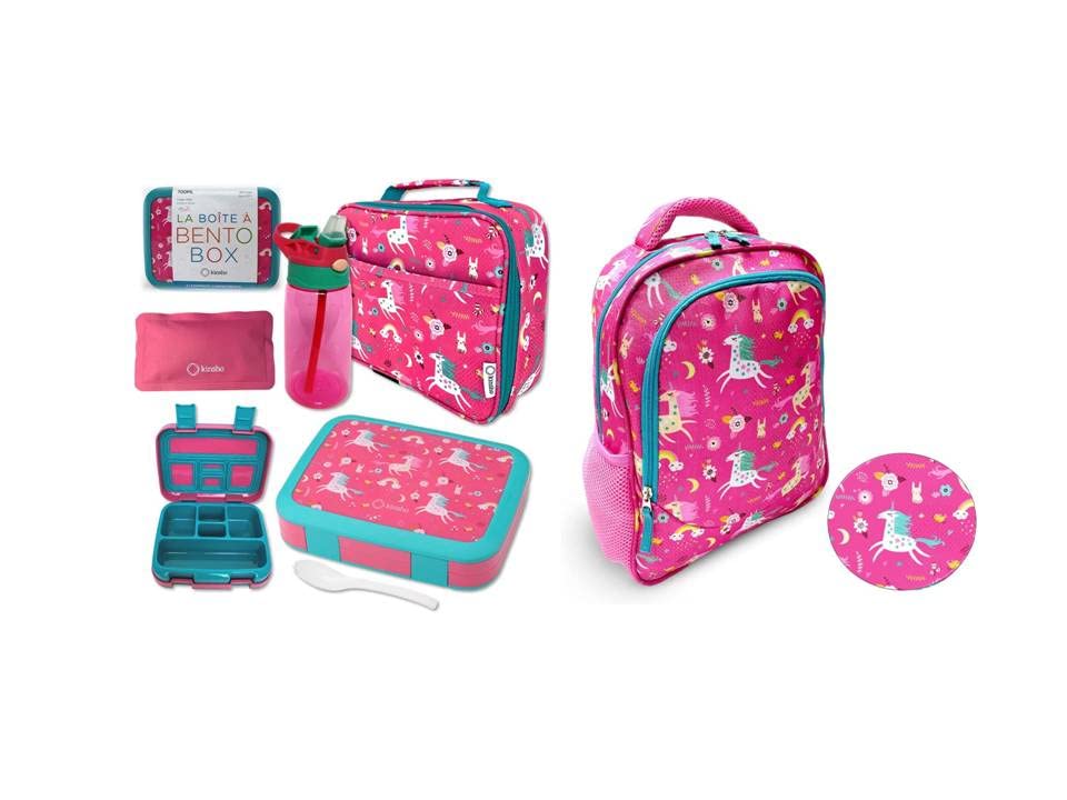 Bundle of kinsho Bento Lunch Box with Insulated Bag Water Bottle Ice Pack Set for Kids Pink Unicorn