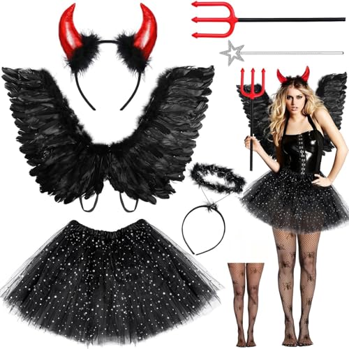 Humairc Halloween Kostüm Teufel Kostüm Damen Tutu Engel Flügel Engel Haarreif Teufel Hörner Strumpf Halloween Fasching für Damen