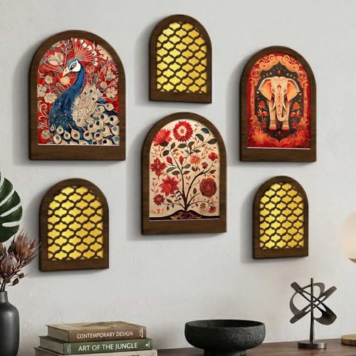 Image of Jharokha MDF Mirrors Home Decoration Items | Traditional Wall Decor Items for Living Room | Mirror Wall Hanging | Home Decor Items for Bedroom Office Set of 6 (9x12 inch & 7.5x9.5 inch)