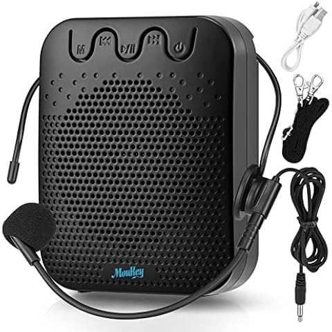 Voice Amplifier 10 W, Moukey Portable Rechargeable Mini Amp with Wired Microphone Headset and Waistband, Supports MP3 Format Audio for Teachers Coaches Training Tour Guide Presentation, Va-1 Cover