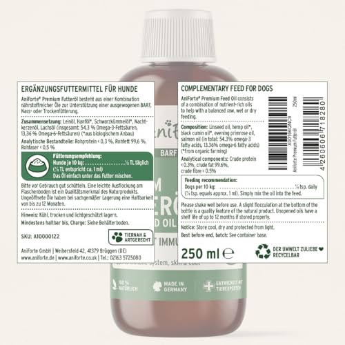 AniForte Barf Futteröl für Hunde 250ml – Natürliches, kaltgepresstes Premium Barf Öl, ideale Mischung reich an Omega 3 & Omega 6, artgerechter & ausgewogener Barf Zusatz