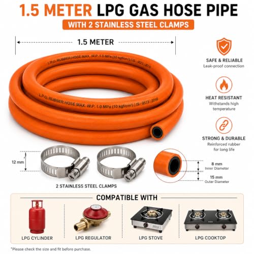 Image of 1.5 Meters ISI Certified LPG Hose Pipe for Stove with Reinforced Steel Wire Flame Resistant with Clamp for Hp /Indane /Bharatgas Gas Recommended uncut Customized Length