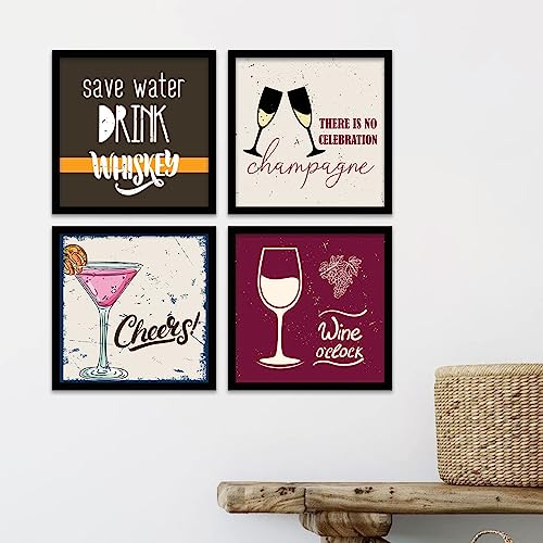 Image of kotart - Framed Wall Posters for Bar Kitchen Restaurant Wall Decor - Bar Theme Frames - Framed Posters for Kitchen Wall Decor (13 x 13 inch, Framed) Set of 4 (Art 14, Big)
