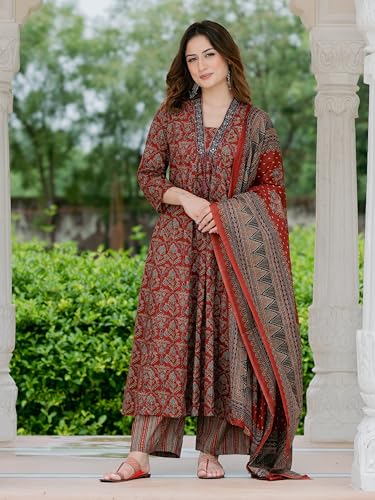 Image of Arayna Women's Pure Cotton Printed Kurta Pant Dupatta Set | Traditional Ethnic Suit Set with Ajrakh-Inspired Print | Straight Fit 3-Piece Set for Women