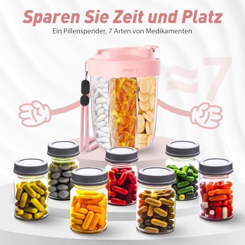 Image of Tablet Box 7 Days in the Morning in the Evening | Round with 7 Large Subjects & Anti-Confusion Design | Width Opening, BPA-Free & Portable | for Medication, Vitamins, Fish Oil, etc. (Pink)