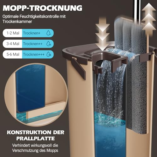MASTERTOP Wischmopp Set mit Eimer, 2 in 1 Bodenwischer mit Einstellbar Edelstahlgriff und 6 Mikrofaser Moppkopf, Hand-Frei Wischmop & Putzeimer mit auswringfunktion für Hartholz Laminat Fliesen – Bild 6