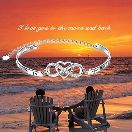 Mother's Day Gifts Infinity Love Heart Bracelet With Inspirational Message "I Love You To The Moon & Back" For Women Girls, Adjustable Length Bangle Bracelets 925 Sterling Silver Jewelry #TOP1