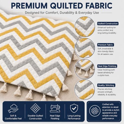 Image of Velvet Quilted Sofa Armrest Covers (Pack of 2) | Yellow Zigzag | Anti-Slip Soft Washable Arm Covers with Tassels | 24 x 27 Inches