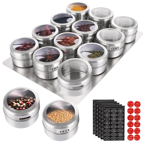 APACALI 12pcs Pots à Épices Magnétiques, Bocaux à Épices en Acier Inoxydable avec base murale et Trous Réglables, Boîtes à Épices Cuisine Magnétiques...