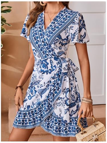 WDIRARA Women's Summer Casual Boho Floral Print Short Sleeve Wrap V Neck Ruffle Hem A Line Dress4