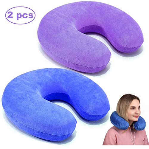 JAHEMU Travel Pillow Inflatable Neck Cushion with Soft Velvet Pillowcase Camping Pillows for Car Train Airplane 2 PCS (Blue and Purple)