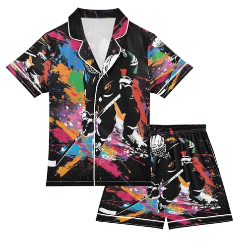 ALAZA Ice Hockey Player on Black Satin Pajamas Set Short Sleeve Button Down Sleepwear Summer Pjs 2 Piece