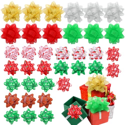 Vertintong 36pcs Christmas Gift Bow Assortment Holiday Print Xmas Grosgrain Organza Satin Ribbon, Metallic Glitter Fabric for Birthdays, Weddings, Baby/Bridal Showers, Christmas, Hanukkah