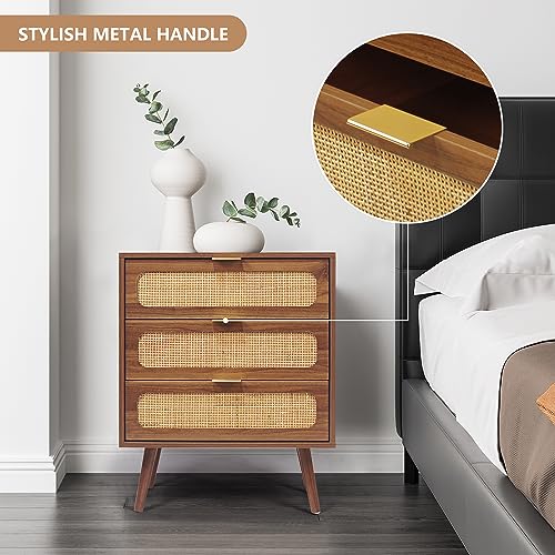 Image of QHITTY Drawer Dresser, Rattan Chest of Drawers with 3 Drawers Dresser, Accent Storage Cabinet Modern Bedside Table for Living Room, Entryway (Walnut)
