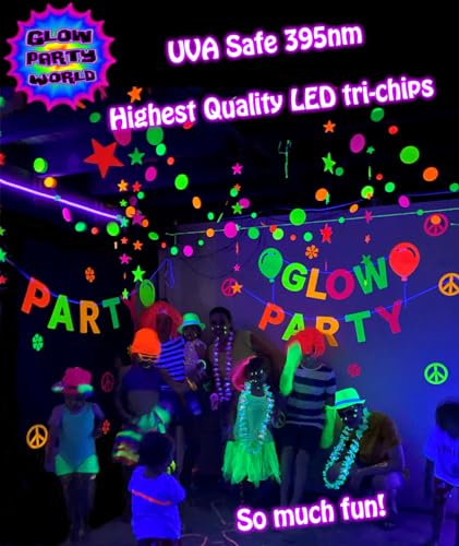 Black Lights for Glow Party! 115W Blacklight LED Strip kit. 4 UV Lights to Surround Your Neon Party. Ultraviolet Lighting for Big Rooms. Easy Set up! Glow in The Dark Party Supplies. Fiesta Luz Negra