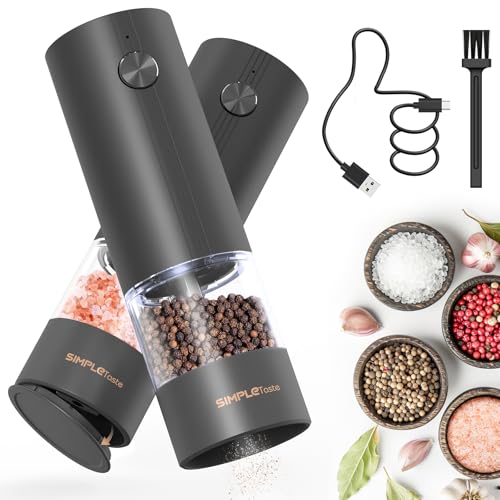 SIMPLETASTE Electric Salt and Pepper Grinder Set Rechargeable with LED Light and Dust Cover,...
