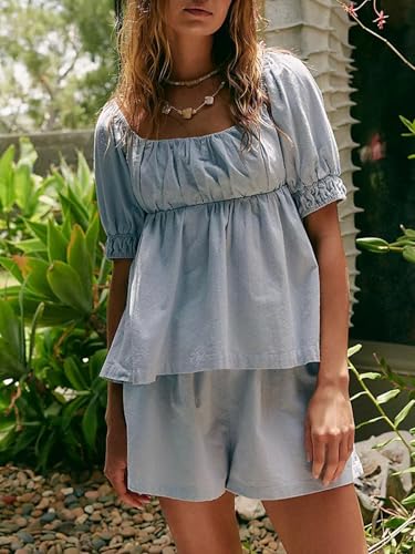 Image of Tankaneo Womens 2 Piece Outfits Summer Square Neck Short Puff Sleeve Babydoll Tops and Shorts Matching Set