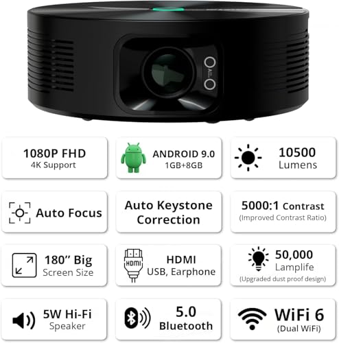 Image of WZATCO Yuva Aura, Native 1080P, Auto Focus & Keystone, 4K Support, 10500 Lumens, 180 inch Screen | Android 9.0 with Netflix, Prime etc | WiFi 6 & BT | Dust Proof | HDMI ARC, Black