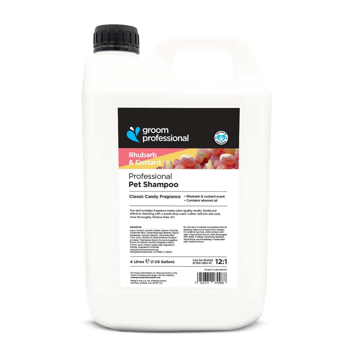 GROOM PROFESSIONAL Rhubarb and Custard Dog Shampoo - Deep Cleansing for Smelly Dogs - Adds Shine & Softness, Removes Dirt & Odours from Coat - Almond Oil to Soothe Itchy, Dry Skin - Sweet Scent, 4L
