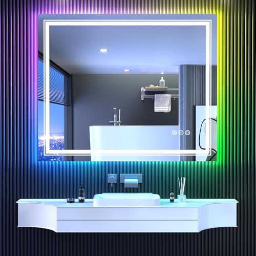 LED Mirror for Bathroom, 48"X40" with 8 RGB Backlit +3 Front Lit (Adjustable Individually), Anti-Fog, Large Lighted Bathroom Vanity Mirror for Wall,Shatterproof,Memory Function,Tempered Glass