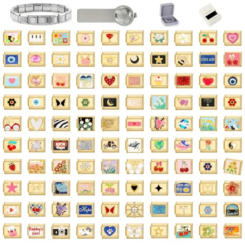 papasgix Customized Italian Charm Bracelet - Personalized Choose 10 from 100 Gold Charms, 10mm*9mm DIY Italian Bracelet with Tool for Women Men Stainless Steel Jewerly Gifts