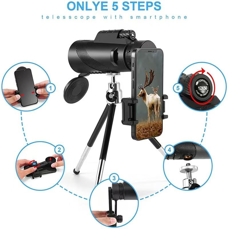 Monoculaire Télescope 12x50 HD Avec Trépied & Adaptateur Smartphone – Vision Nocturne Améliorée Pour Randonnée, Oiseaux, Chasse