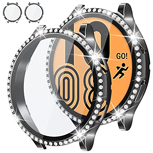 [2 Pack] Goton Compatible with Samsung Galaxy Watch 4 Screen Protector Case 44mm Accessories, Bling Crystal Diamond Protective Cover with Tempered Glass Film for Samsung Galaxy Watch 4 44mm Black