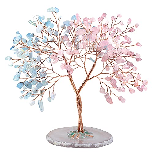 mookaitedecor Rose Quartz & Aquamarine Crystal Tree of Life Healing Crystal Money Tree with Agate Slice Base