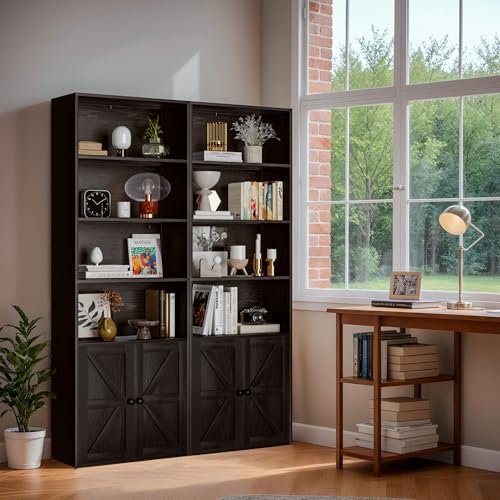 Image of Furniwell Industrial Bookshelf and Bookcases with Doors Modern Bookshelf Cabinet Tall Book Shelves Storage for Home Office, Bedroom (Deep Black)