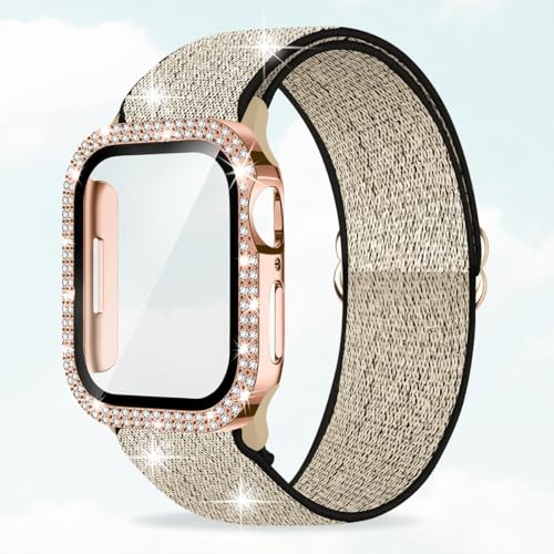 Shiny Stretch Nylon Bling Watch Band with Glitter Case for Women Apple Watch Band 40mm 44mm 41mm 45mm, Sport iWatch Band, Cute Glitter, Compatible with iPhone 11 10 9 8 7 6 5 4 SE Series Watch Band (Glitter gold + rose gold,45mm)