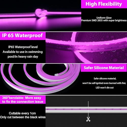 Image of Lamomo LED Neon Lights Purple, 12V 0.39In /Cut Silicone Waterproof DIY Led Strip Lights for Bedroom Indoor Outdoor Decoration(Power Adapter not Included)