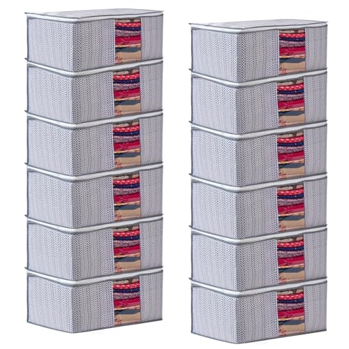 Image of Non-Woven Printed Saree Cover | Premium Wardrobe Organizer & Cloth Storage Bag with Transparent Window & Dual Zippers | Protects Silk /Cotton Sarees from Dust & Moisture (Grey, Set of 12)