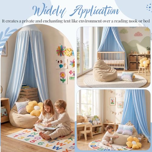 Image of 5 Pcs Reading Nook Set for Kids, Kids Reading Corner Decor with Bean Bag Chair Cover & Throw Pillow Cover(No Filler) Canopy and Flower Pillow for Bedroom Playroom Nursery(Blue)