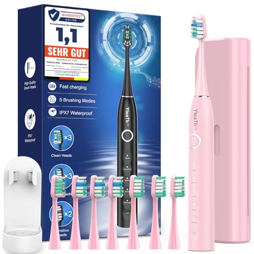 Brosse À Dent Électrique Soniques Adulte Enfant avec 8 Têtes - Brosse A Dent Sonique avec Étui de Voyage, 5 Modes, Étanche IPX7, Brosse A Dent Electrique, Rose...