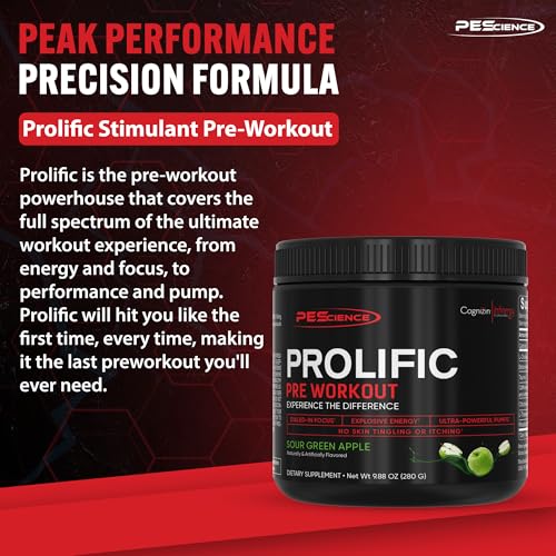 Image of PEScience Prolific Energy Pre Workout - L Citrulline for Nitric Oxide, Rhodiola & CDP Choline Nootropic for Focus - Preworkout for Men & Women - 40 Scoops, Sour Green Apple