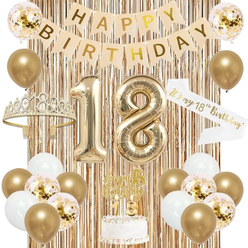 Image of Trgowaul Happy 18th Birthday Decorations for Girls, Banner, Sash and Crown, Cake Topper, 18 Number Balloon, Fringe Curtains, Champagne Gold 18th Birthday Party Supplies